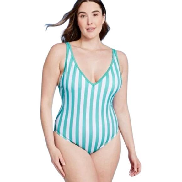 Target Kona Sol Teal&White Stripe V Neck One Piece Swimsuit Sz.XL NWOT - Picture 2 of 16